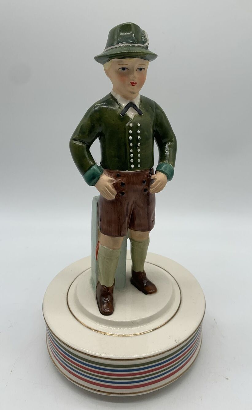 Vtg. Schmid Music Box GermanBoy Figurine Tune 102 Edel Weiss Plays Has Crazing